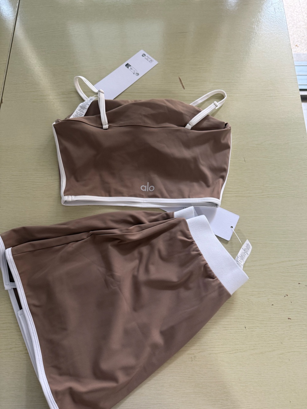 ALO Yoga Brown and White Sports Bra & Skirt Set - Picture 2 of 6